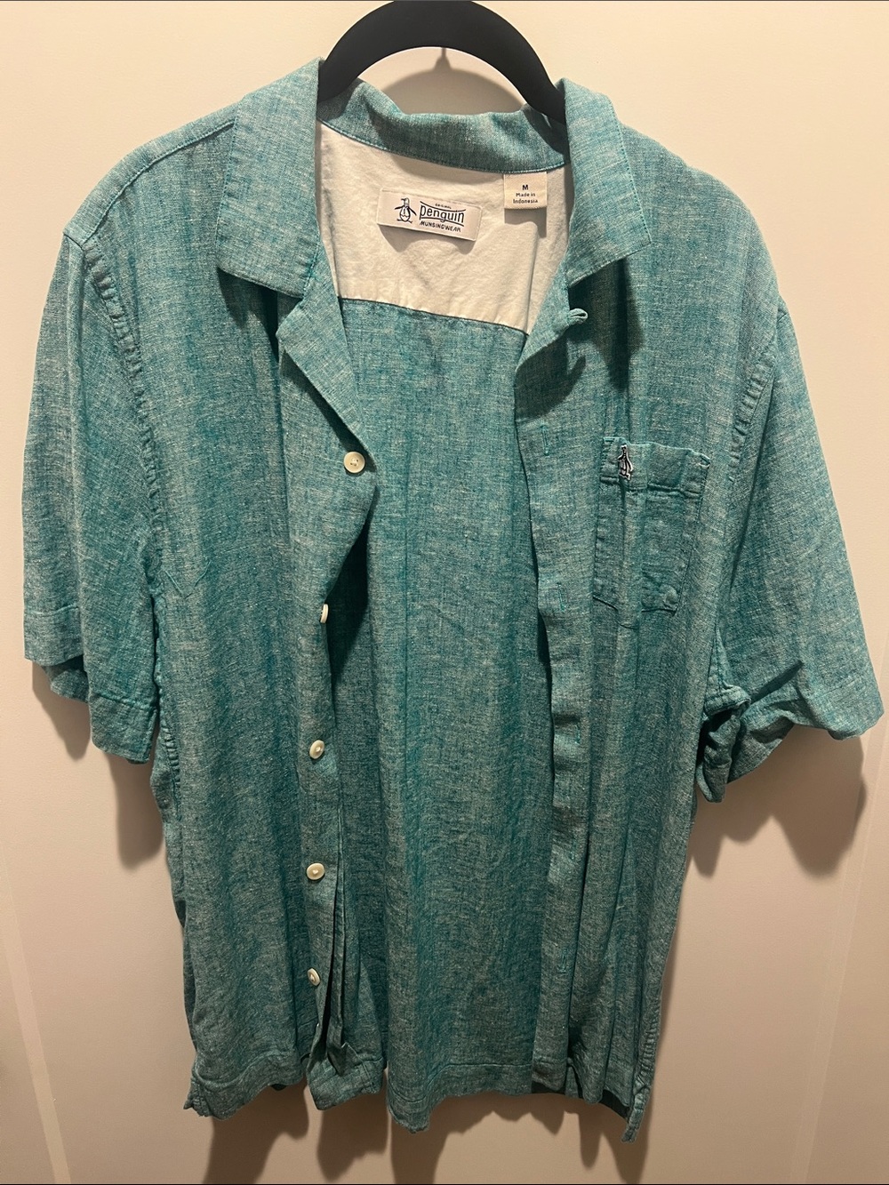 Original Penguin Teal Short-Sleeve Linen-Blend Button Down Shirt